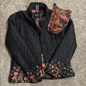 Desigual Women's Black Quilted Jacket with Multicolor Floral Accents